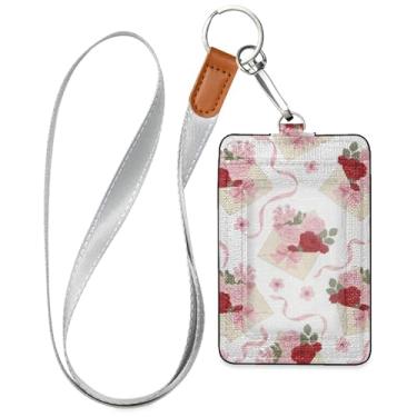 Imagem de Burbuja Porta-crachá de couro com cordão, etiqueta de identificação de carta de amor com 1 janela transparente para identidade e 2 compartimentos para cartão para escritório, enfermeira, professor