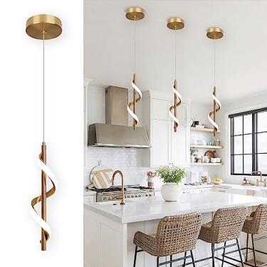 Imagem de CANEOE Luminária pendente de ouro, luminária pendente de LED moderna em espiral para ilha de cozinha, luminária suspensa de teto de latão escovado 5500K para sala de jantar quarto pia mesa pequenas