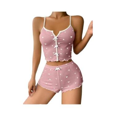Imagem de Conjunto De Pijama Feminino Com Estampa De Coração, Tecido Macio Em Ma