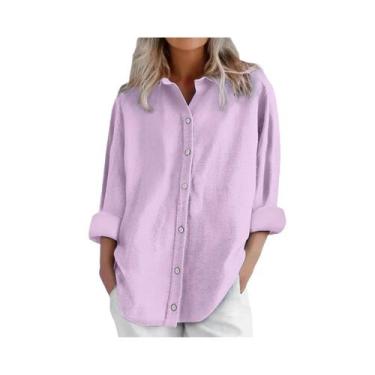 Imagem de Camisa Casual Feminina De Algodão E Linho Manga Longa Cor Sólida Com B