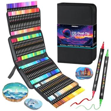 Imagem de Halobios Marcadores de tinta acrílica de 120 cores, marcadores de tinta de ponta dupla com ponta de pincel e ponta fina para pintura rupestre, vidro, madeira, ovo, tela, papel, cerâmica, tecido, couro