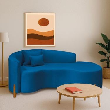 Imagem de Divã Recamier Curvo Sala De Estar Recepção Inglaterra 200cm Pés Madeira Lado Direito Linho Cor Azul Royal