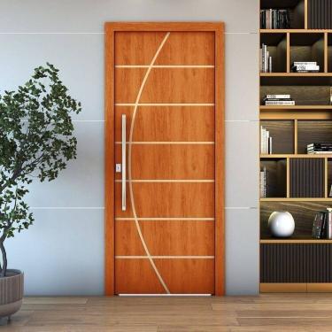 Imagem de Kit 4 Folhas de Porta de Madeira Frisada 210x70cm Espessura 3,5cm Valuchi Mogno