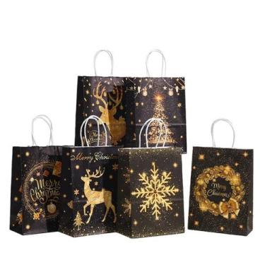 Imagem de Sacos de presente de Natal, papel kraft preto com folha de ouro, pacot