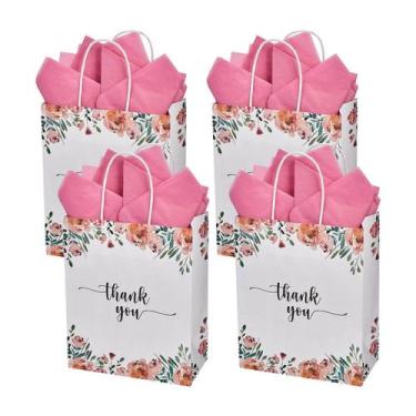 Imagem de Saco de presente Floral Thanks White Kraft Paper 22x16x8cm, pacote com