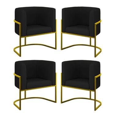 Imagem de Kit 04 Poltronas Lua Sala Decorativa Base Ferro Gold Corino Preto