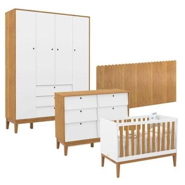 Imagem de Quarto De Bebê Unique 4 Portas Com Cômoda 6 Gavetas E Painel Farm Branco Soft Freijó Eco Wood - Matic