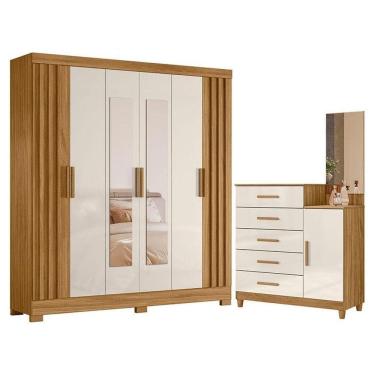 Imagem de Guarda Roupa Casal Valença Com Espelho E Cômoda Lisboa Freijó Off White - Moval