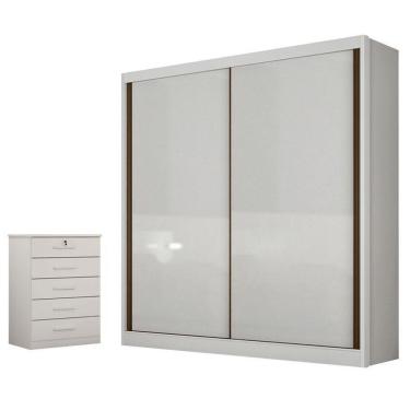 Imagem de Guarda Roupa Solteiro Toledo 2 Portas de Correr 3 Gavetas MDF Neve com Cômoda Gaveteiro Suíça