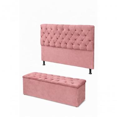 Imagem de Kit Cabeceira De Cama Box Com Calçadeira Baú Mirage Capitonê Casal 140 Cm Suede Rosa Eli Móveis E Decoração