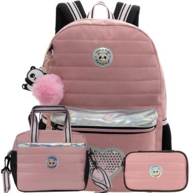 Imagem de Kit Mochila Costas 16" Panda Holográfico Lancheira E Estojo, Rosa