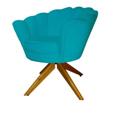 Imagem de Kit 2 Poltronas Estofada Com Base Giratória de Madeira Pétala Veludo Azul Turquesa - LM DECOR