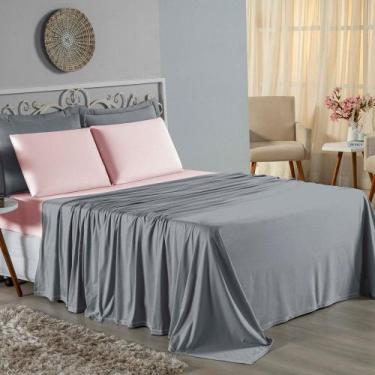 Imagem de Jogo de Cama Casal Viúva Nobre 4 Peças Malha 100% Algodão - Cinza / Ro