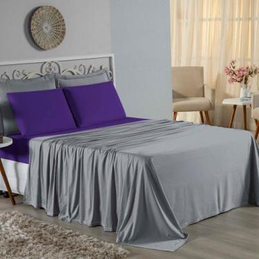 Imagem de Jogo de Cama Casal Viúva Nobre 4 Peças Malha 100% Algodão - Cinza / Ro