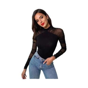 Imagem de Body Feminino Sexy Com Recortes Em Tela E Manga Franzida, Gola Alta, A