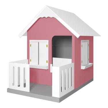 Imagem de Casinha de Brinquedo com Cercado e Floreiros L12 MDF Rosa e Branco Gran Belo
