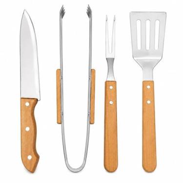 Imagem de Kit Cojunto de 4 Peças Para Churrasco Faca Garfo Espatula Pegador em I