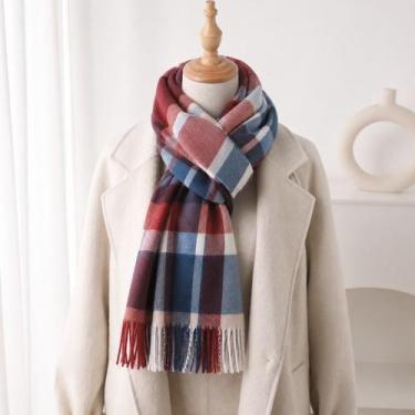 Imagem de Cachecol Xadrez Feminino Elegante Echarpe Inverno com Franjas Macio Es