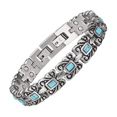 Imagem de Wollet Pulseiras magnéticas de cor de cobre de aço inoxidável para mulheres senhoras com pedra turquesa, 18,5-20 cm, 20cm, Aço inoxidável
