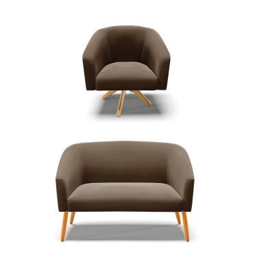 Imagem de Kit 1 Namoradeira E 1 Poltrona Base Madeira Marrom