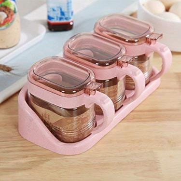 Imagem de Conjunto de caixa de tempero de vidro transparente para temperos, utensílios de cozinha, frascos de condicionamento, cruet com tampa e colher utensílios de cozinha, suprimentos de saleiro para celulares com tampa, (Pink, 3)(with base), 3