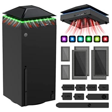 Imagem de Ventoinha de resfriamento à prova de poeira para console Xbox Series X com tira de luz colorida, filtro de capa de poeira MENEEA, plugues de borracha, ventilador superior de baixo ruído com 3 marchas, interruptor de toque independente Cooler&Light, 2 portas USB