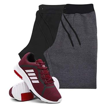 Imagem de KIT 2 Bermudas Masculinas Moletom + Tenis Masculino Sport Corrida - Bermudas Preto/Grafite G - Tenis Vermelho - 37