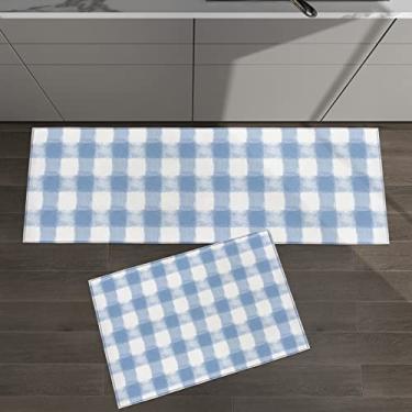 Imagem de Conjunto de 2 tapetes de cozinha decoração de casa de fazenda xadrez azul aquarela xadrez para tapetes acolchoados e tapetes antiderrapantes absorventes corredor confortável tapete de pé