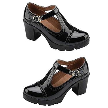 Imagem de Sapato feminino Jane clássico plataforma salto médio Oxford cabeça redonda sapato social com fivela, Preto, 6.5