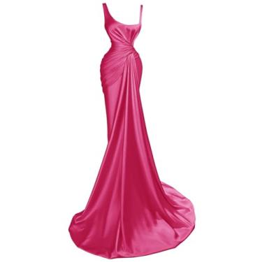 Imagem de Vestidos de formatura femininos com alças finas e fenda de sereia para noite formais, Rosa choque, 26 Plus