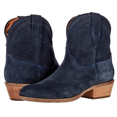 Imagem de LEHOOR Botas femininas caubói ocidental bico fino salto baixo empilhado cowgirl botinhas corte V vintage desleixado 5 centímetros salto grosso sem cadarço botas vestido curto panturrilha larga confortável casual inverno 4-11 M EUA, Camurça, azul marinho, 8