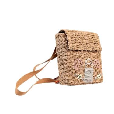 Imagem de Mala feita à mão lindas mochilas de palha em forma de casa para meninas pequenas, divertidas mochilas de tecido artesanal, encantadora bolsa de praia de verão para crianças, 2024 sacos saco de palha h