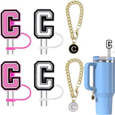 Imagem de Haundry Pacote com 4 capas de canudo para copo Stanley, tampa de palha reutilizável de 10 mm com 2 peças de acessórios de pingente de letra inicial para copo Stanley com alça, rosa branco C