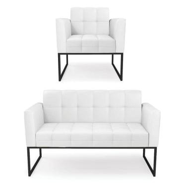Imagem de Kit 1 Sofá Namoradeira E 1 Poltrona Elisa Corino Base Metálica Industrial Preto - D`rossi Cor Branco