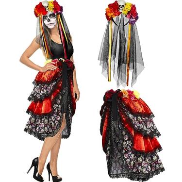 Imagem de 2 Pcs Halloween Day of the Dead Bustle and Day of the Dead Headband for Women Set Halloween Costumes for Women Girls (Red,Large)