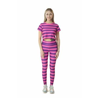 Imagem de Cosplaya Blusa cropped feminina listrada rosa e roxa e legging sexy - pijama cosplay Halloween, Rosa, roxo, Small