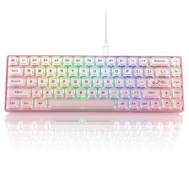 Imagem de Teclado mecânico rosa Womier W-K68 60% para jogos, silencioso com fio, compatível com hot-swap, miniteclado, RGB personalizado com teclas de seta/software suportado, switch linear pré-lubrificado