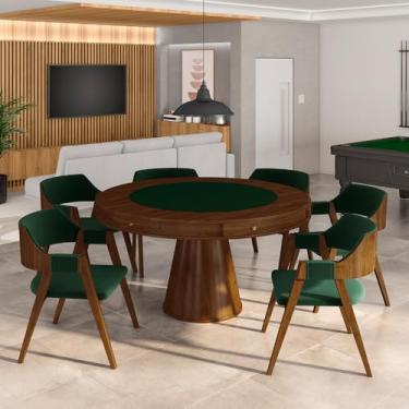 Imagem de Conjunto Mesa de Jogos Carteado Bellagio Tampo Reversível e 6 Cadeiras Madeira Poker Base Cone Veludo Verde/Imbuia G42 - Gran Belo