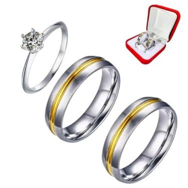 Imagem de Par Alianças Prata 6mm Namoro Risco Ouro + Anel Solitário Prata 2mm Zi