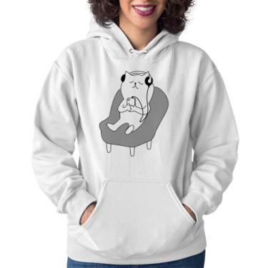 Imagem de Moletom Feminino Gatinho Ouvindo Música - Foca na Moda, Branco, G