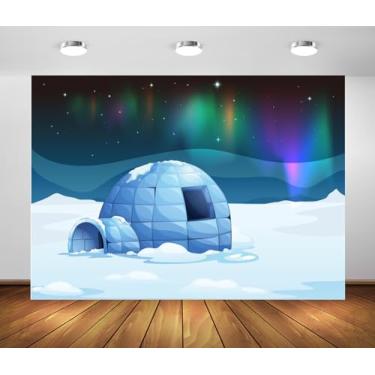 Imagem de BELECO Tecido de 2,1 x 1,5 m com desenho animado de iglu ártico colorido aurora boreal boreal céu estrelas neve gelo mundo fundo inverno Natal decoração festa aniversário tiro adereços para fotos
