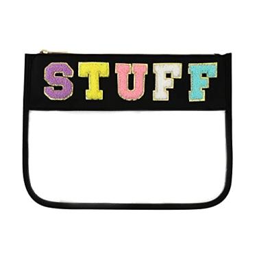 Imagem de Bolsa de letras de chenille bolsa plana transparente, bolsas de cosméticos transparentes de PVC e nylon multiuso, bolsa de maquiagem de viagem com zíper para mulheres e crianças, bolsas transparentes para viagem, academia, praia, Preto-Stuff, Preppy