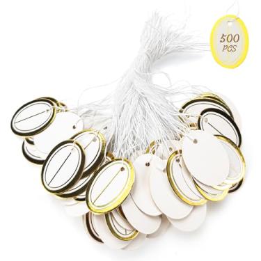 Imagem de 500 etiquetas de preço de papel com cordão anexado, etiquetas de preço de joias, etiquetas de preço para varejo, etiquetas de marcação com cordão elástico (ouro, elíptico)