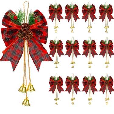 Imagem de Yuxung 12 peças de arco xadrez de búfalo de Natal com pinhas arco de guirlanda de Natal com sino arcos de árvore de Natal decorações de natal arcos decorativos para topos de árvore de Natal decoração de casa festa, vermelho e preto