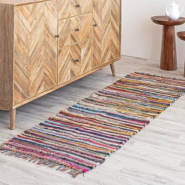Imagem de HOMEMONDE Tapete Chindi Runner de 6 x 20 cm com borlas | Tapete reversível de algodão multicolorido trançado à mão | Corredor boho elegante reciclado para decoração de cozinha, quarto e sala de estar