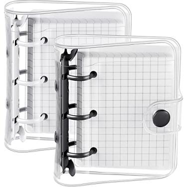 Imagem de 2 conjuntos de mini capas transparentes de 3 anéis com mini fichário bolsos internos de papel de PVC transparente e macio, pasta de folhas soltas, protetor de anel redondo com botão de pressão