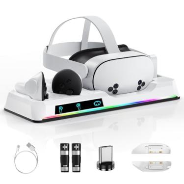 Imagem de Base de carregamento para Oculus Quest 3/3S, carregador magnético VR com 2 baterias recarregáveis para acessórios Oculus Quest 3S/3, fone de ouvido VR e controlador de carregador, suporta indicador