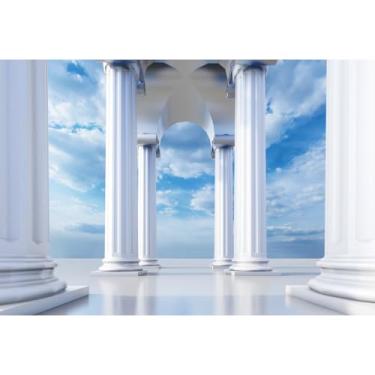 Imagem de Laeacco 3 x 2 metros com tema do céu branco paraíso palácio galeria coluna céu azul nuvens brancas fotografia fundo para chá de bebê, igreja, evento, atividades cristãs, decoração de cabine de fotos