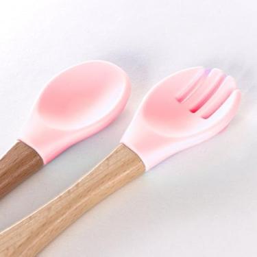 Imagem de Kit Par Talher Garfo Colher Silicone Bambu Madeira Introdução Alimentar Bebê Infantil Refeição Alimentação Criança (Rosa)