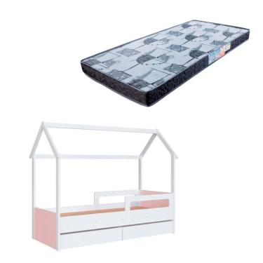 Imagem de Cama Infantil Montessoriana Miney 2 GV Branco e Rosa com Colchão Astra D20 Preto e Cinza